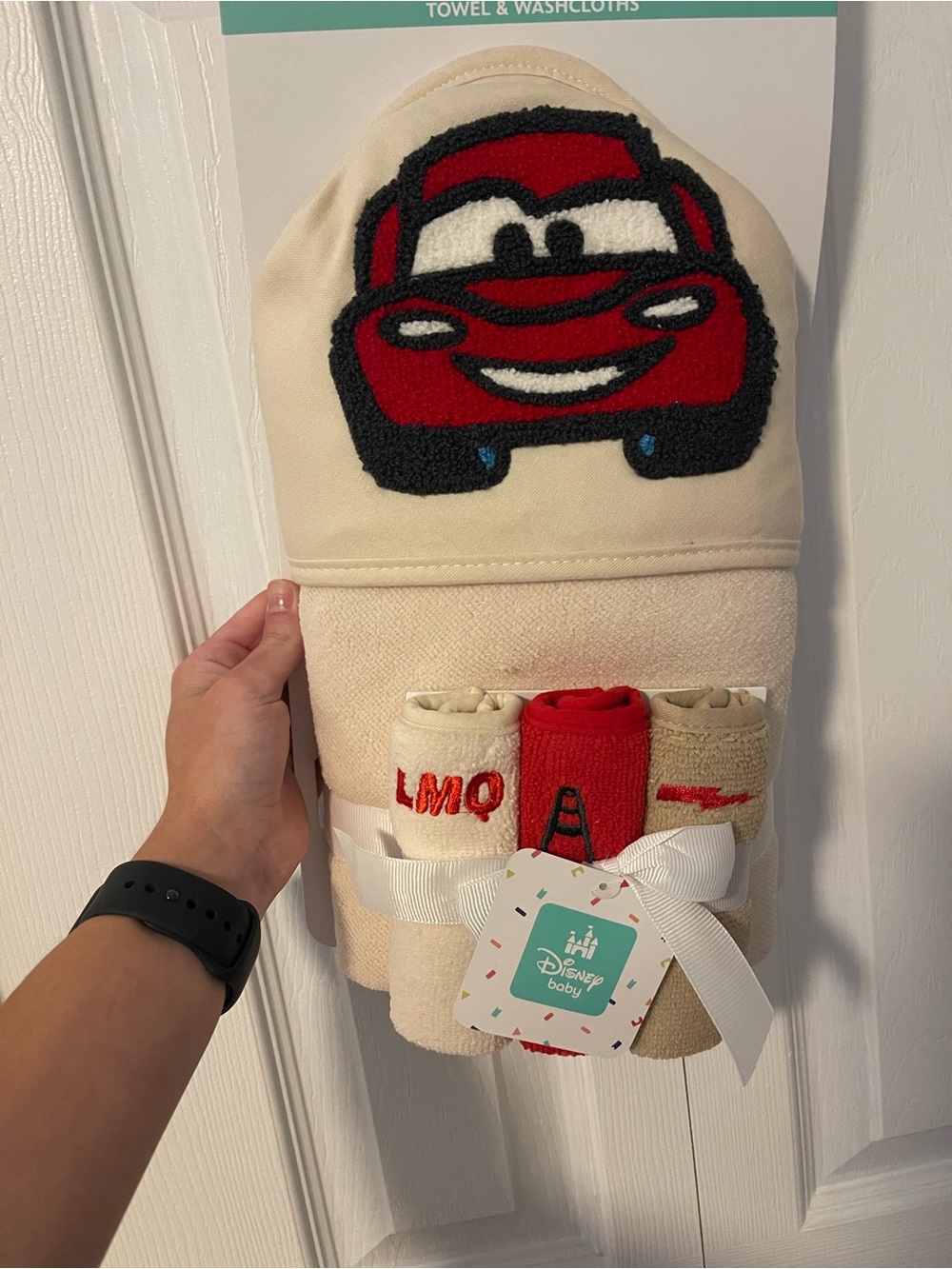 Disney Cream Hooded Towel with Red Cars Applique and Matching Washcloths